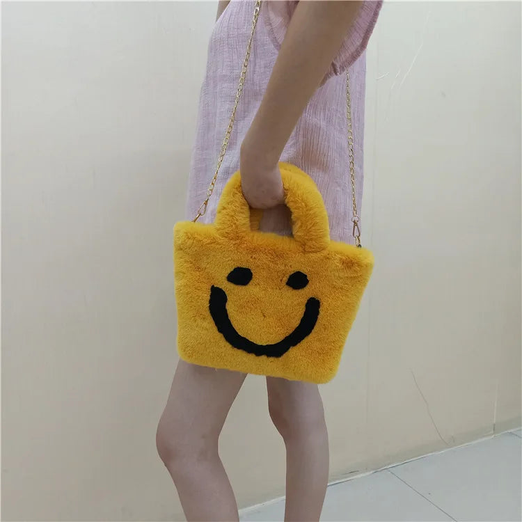 Faux Fur Chain Shoulder Bag Smiley Face Plush