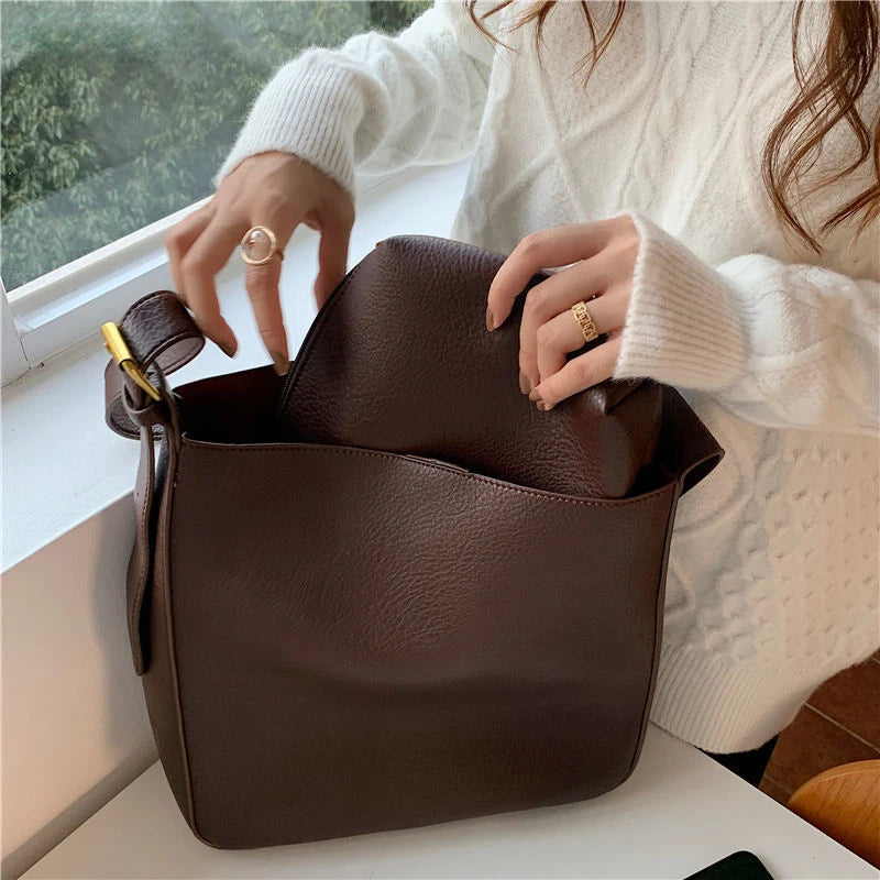 Soft PU Leather Bucket Shoulder Bags Thread Texture Large Capacity Composite Bag