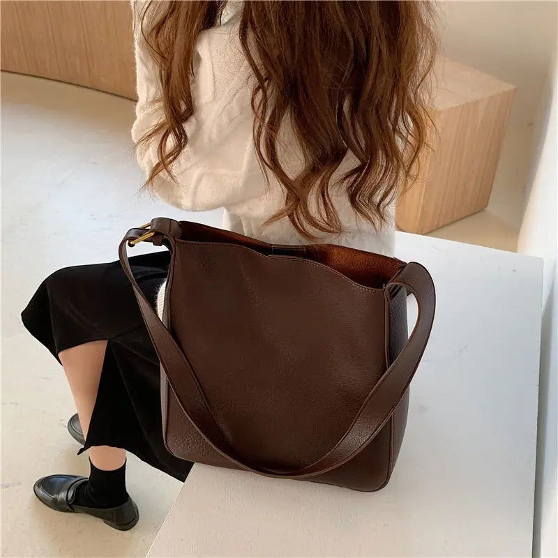 Soft PU Leather Bucket Shoulder Bags Thread Texture Large Capacity Composite Bag