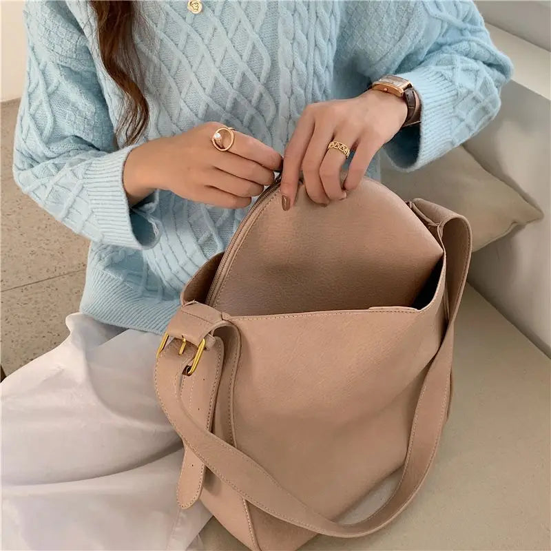 Soft PU Leather Bucket Shoulder Bags Thread Texture Large Capacity Composite Bag
