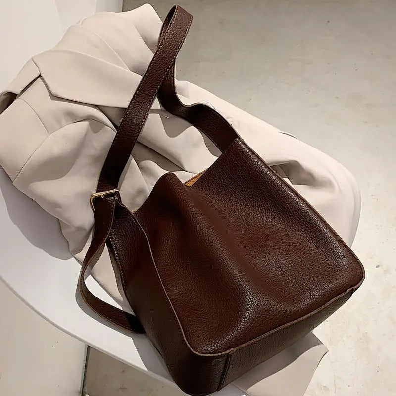 Soft PU Leather Bucket Shoulder Bags Thread Texture Large Capacity Composite Bag