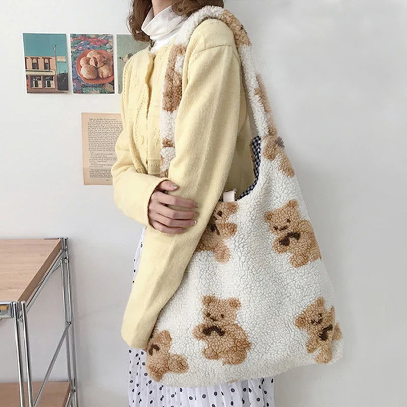 Soft Plush Shoulder Bag Women Tote Cartoon Bear Shopping Bags