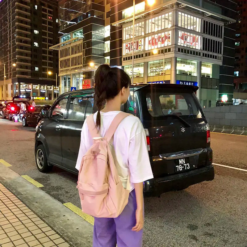Sweet Pink Canvas Backpack Women School Bag Casual Travel Harajuku Teens