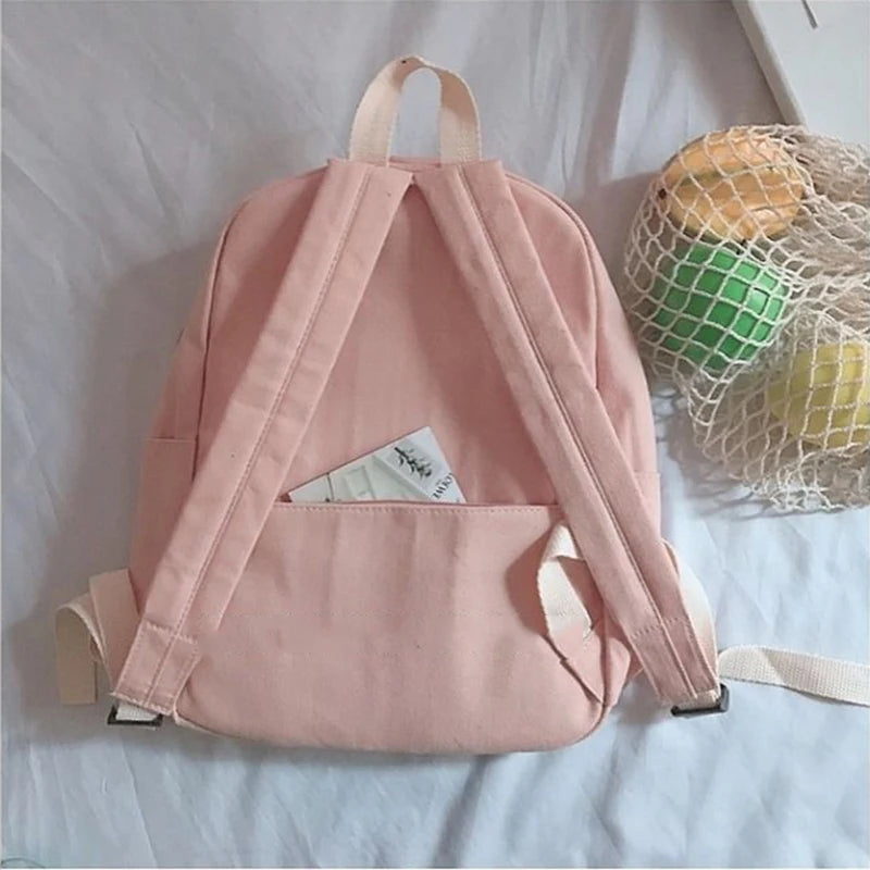 Sweet Pink Canvas Backpack Women School Bag Casual Travel Harajuku Teens