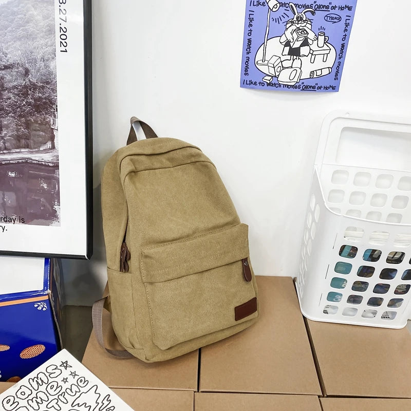 Solid Canvas Backpacks 100% Cotton Leisure Travel Bags Unisex Large Capacity