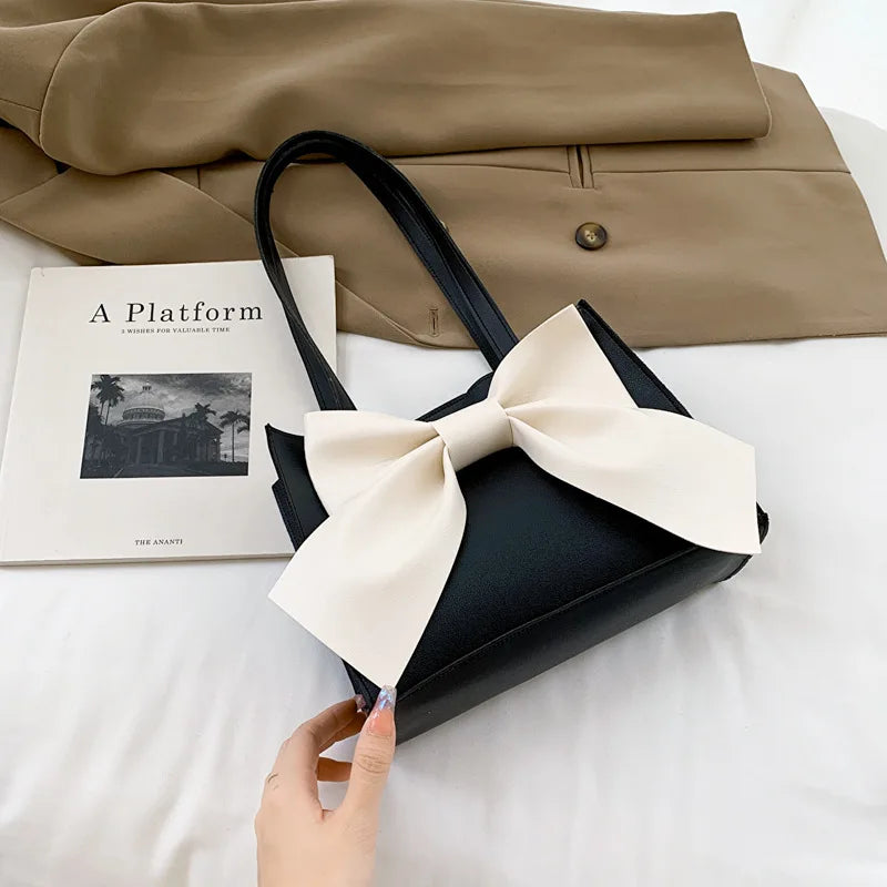 Solid Bow PU Leather Shoulder Square Tote Bag for Women