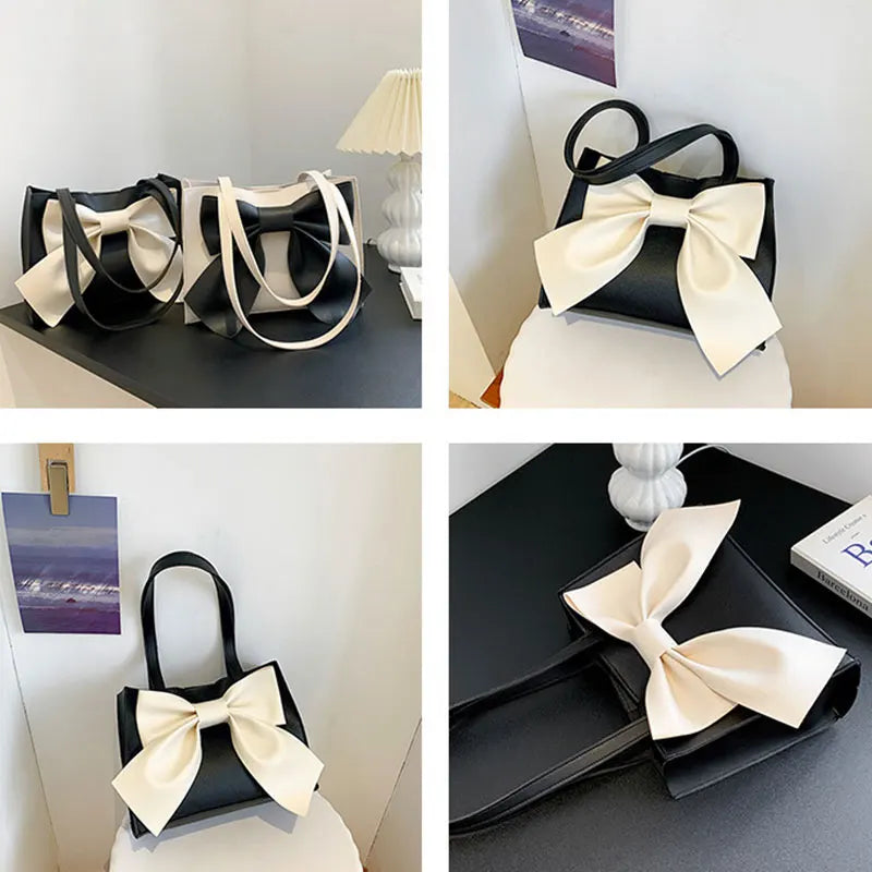 Solid Bow PU Leather Shoulder Square Tote Bag for Women