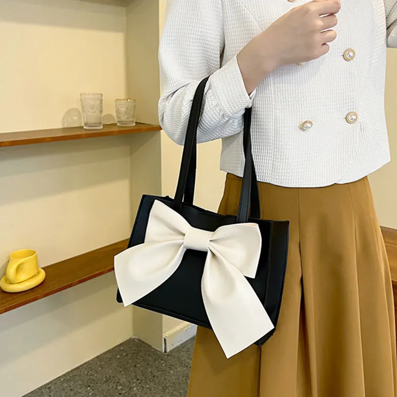 Solid Bow PU Leather Shoulder Square Tote Bag for Women