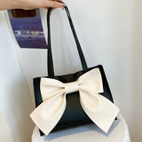 Solid Bow PU Leather Shoulder Square Tote Bag for Women
