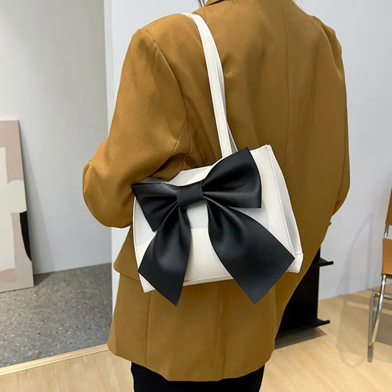 Solid Bow PU Leather Shoulder Square Tote Bag for Women