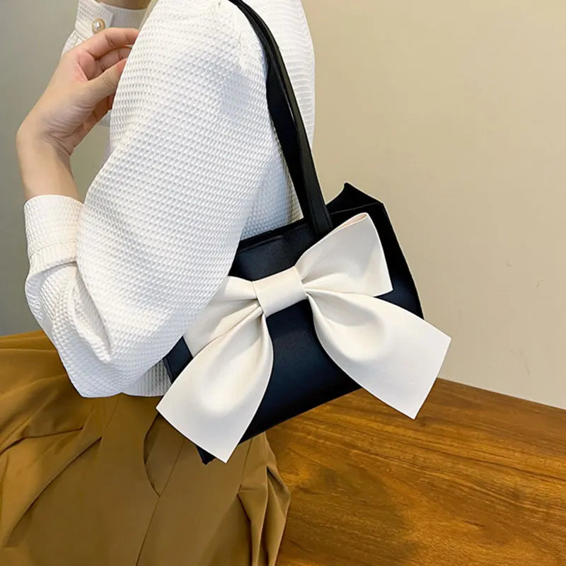 Solid Bow PU Leather Shoulder Square Tote Bag for Women