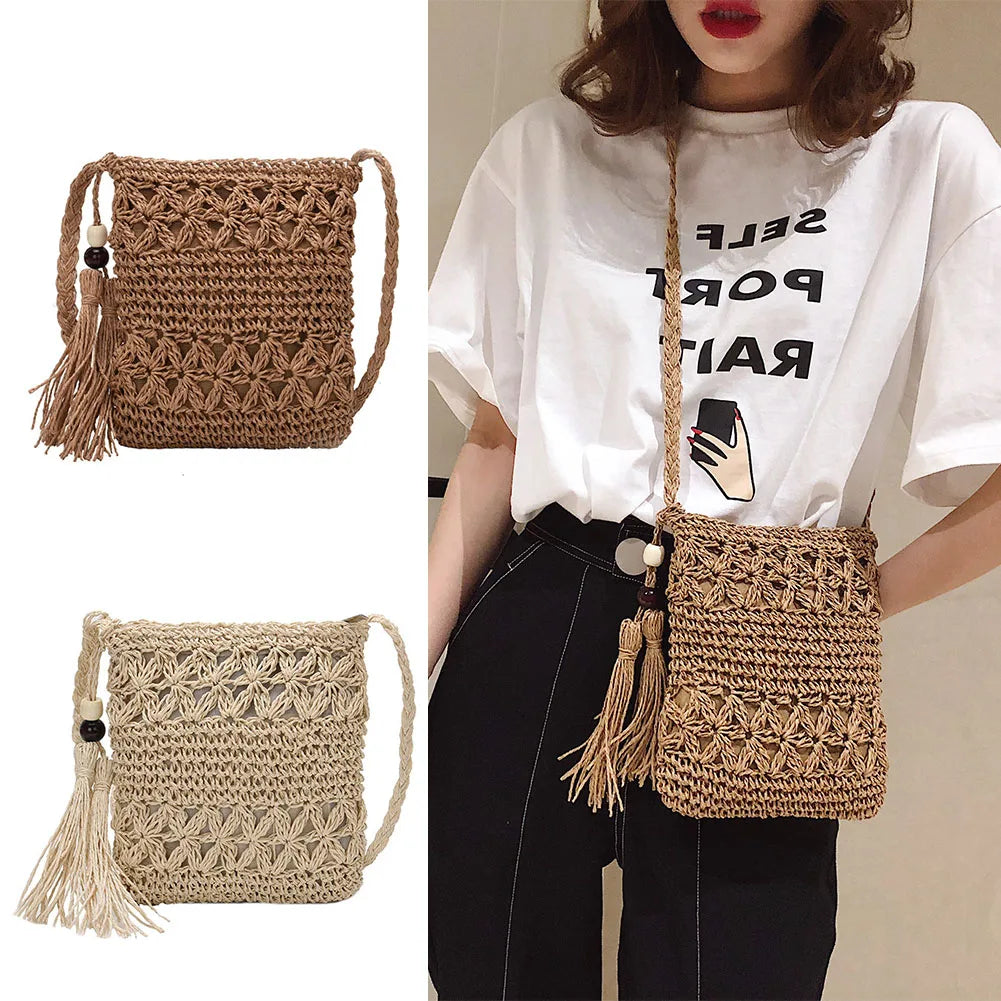 Solid Tassel Handbags Paper Woven Women Summer Beach Vintage Top-handle Bags