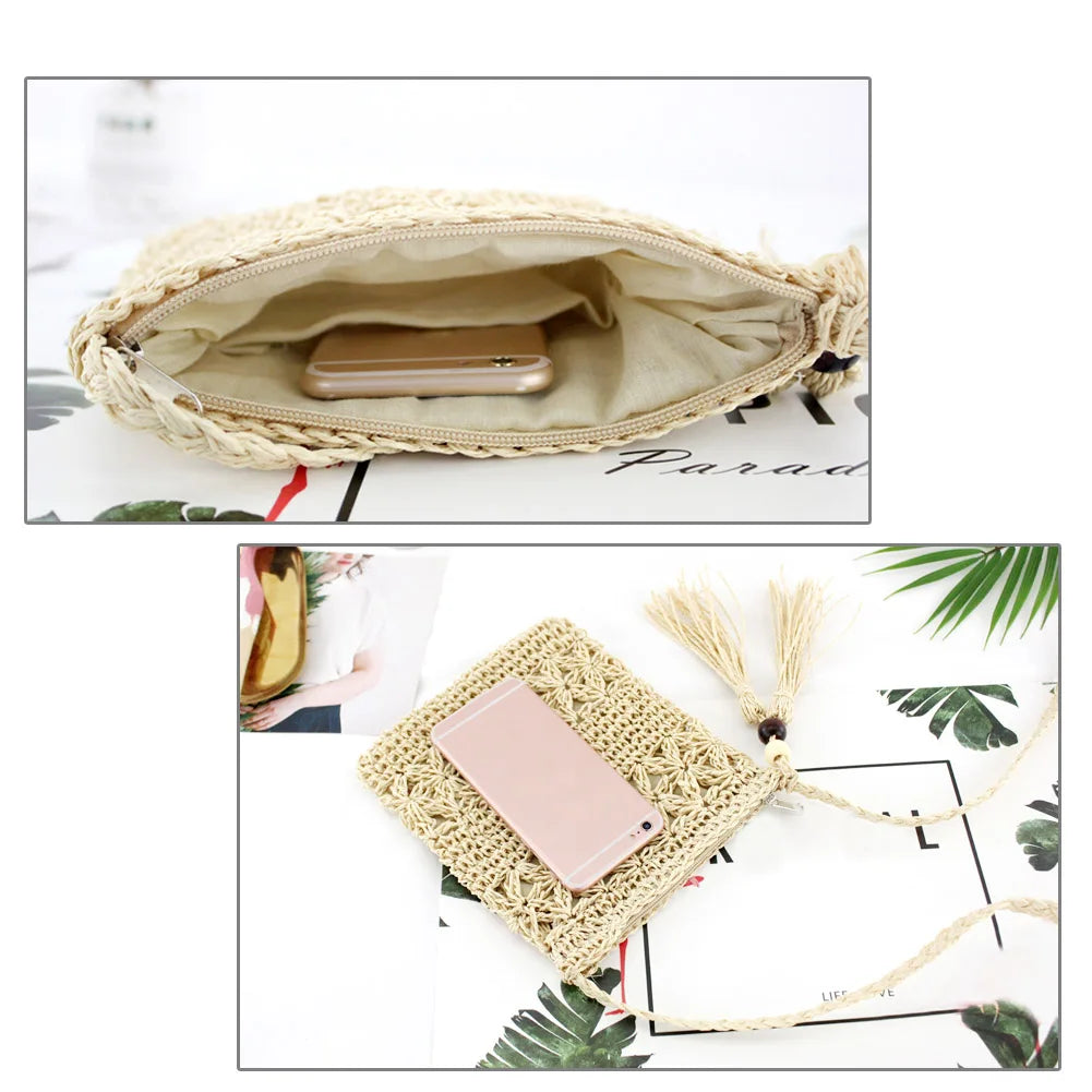 Solid Tassel Handbags Paper Woven Women Summer Beach Vintage Top-handle Bags
