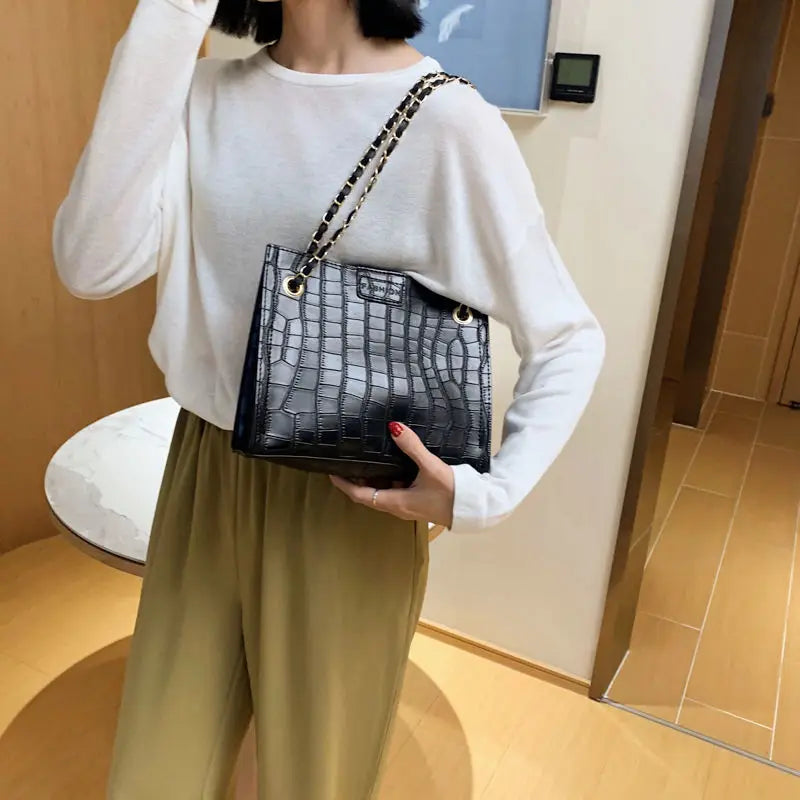 Square Bags Women Large Capacity Handbags PU Leather Stone Pattern Shoulder Mess