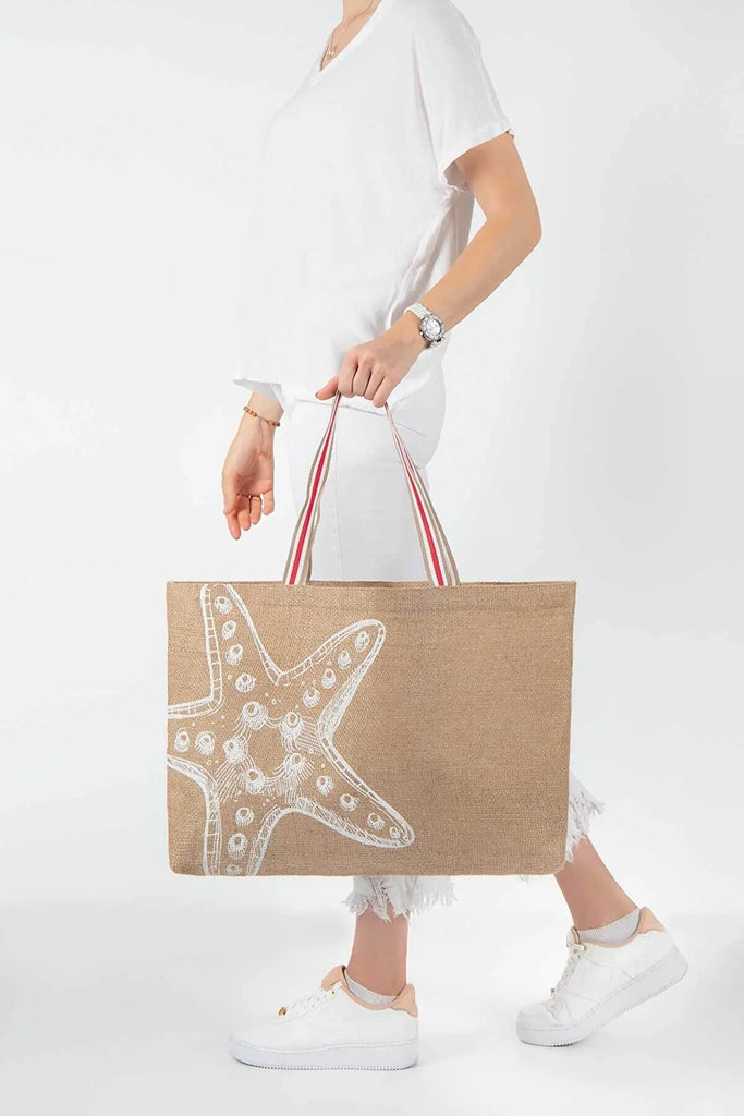 Starfish Printed Jute Beach Bag Durable Summer Handbag Shoulder