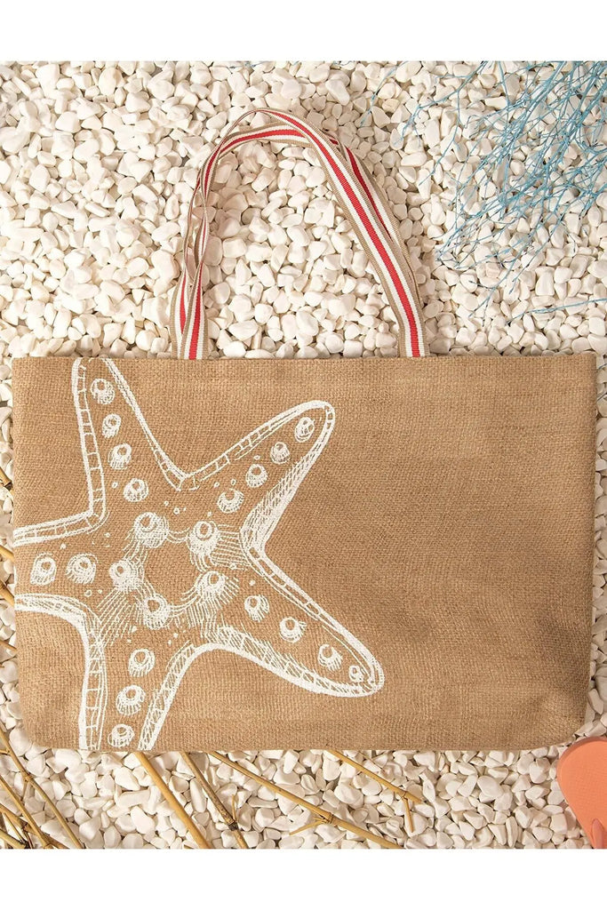 Starfish Printed Jute Beach Bag Durable Summer Handbag Shoulder