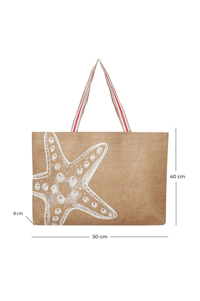 Starfish Printed Jute Beach Bag Durable Summer Handbag Shoulder