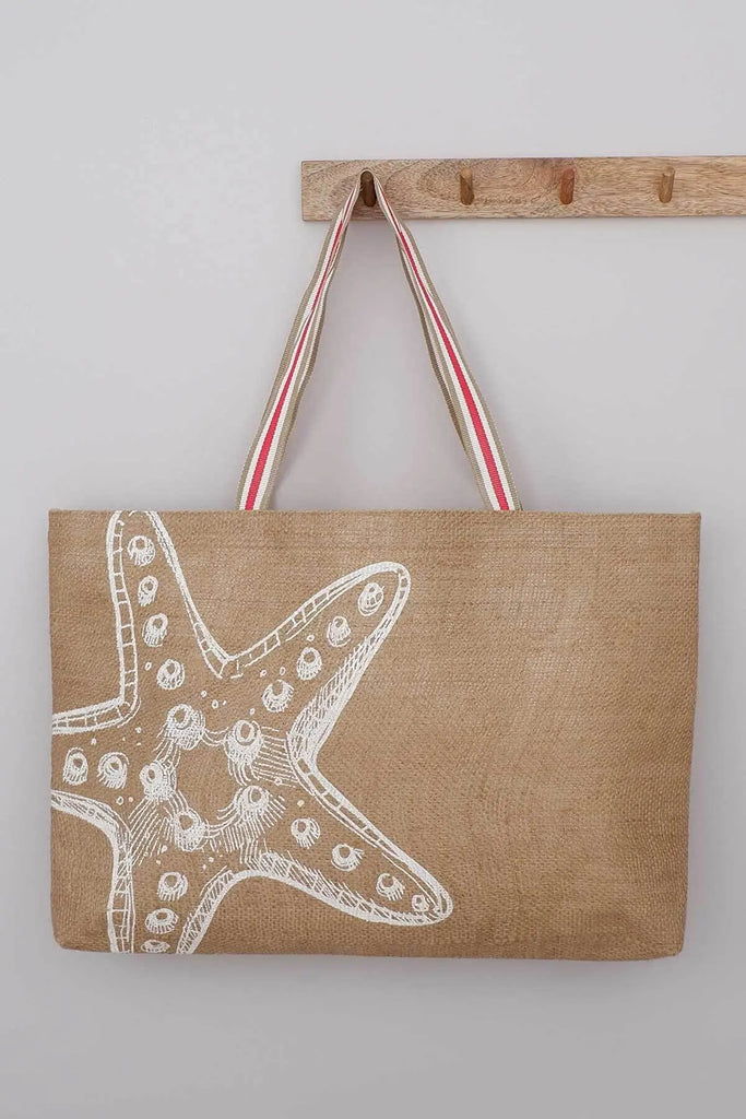 Starfish Printed Jute Beach Bag Durable Summer Handbag Shoulder