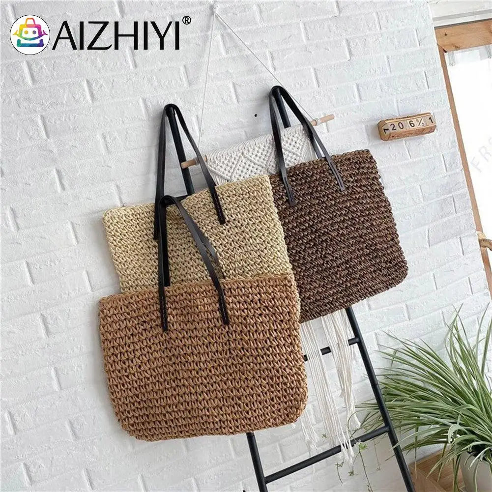 Vintage Rattan Woven Straw Beach Bag Large Capacity