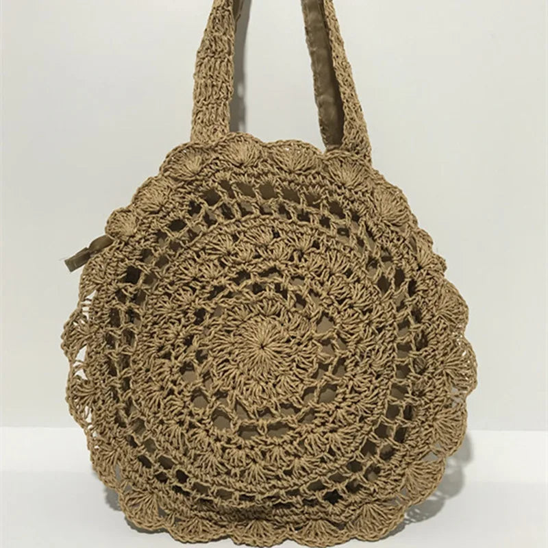 Vintage Straw Beach Bag Woven Shoulder Bag Large Circular Flower Hollow Out