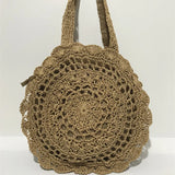 Vintage Straw Beach Bag Woven Shoulder Bag Large Circular Flower Hollow Out
