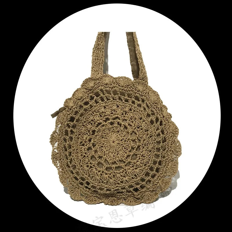Vintage Straw Beach Bag Woven Shoulder Bag Large Circular Flower Hollow Out