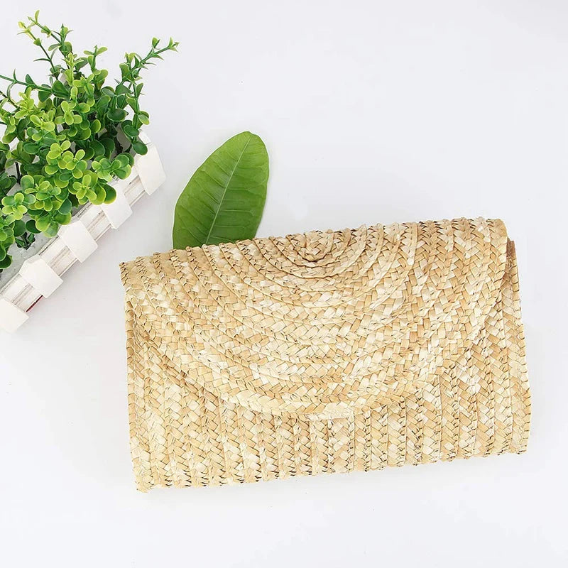 Brown Straw Clutch Purses for Women Summer Beach Handbags