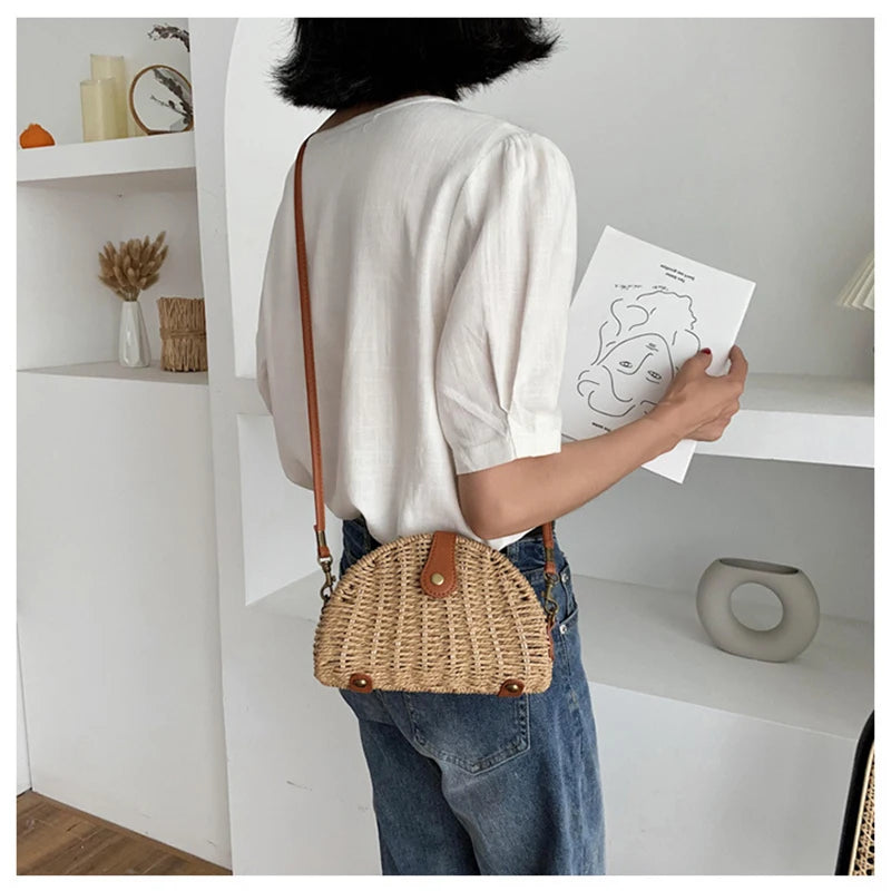 Straw Mini Messenger Bag With PU Hasp Women Summer Beach Bag Retro Purse Handbag