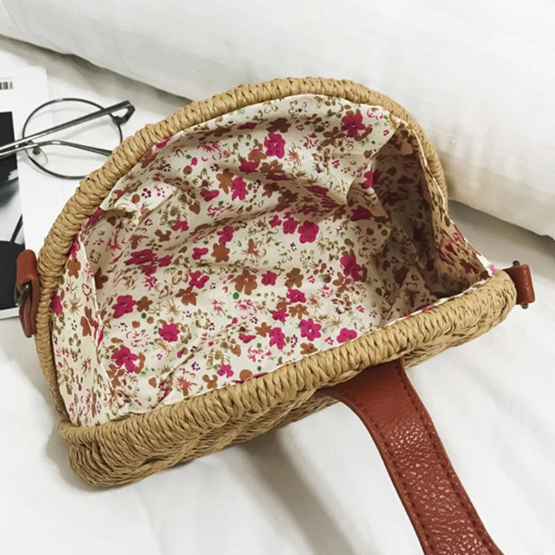 Straw Mini Messenger Bag With PU Hasp Women Summer Beach Bag Retro Purse Handbag