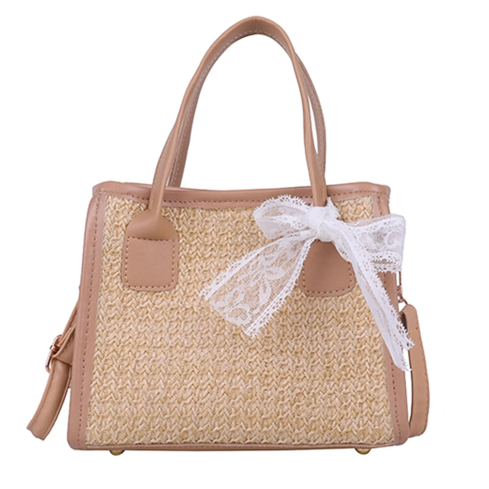 Straw Shoulder Bag Summer Beach Lace Splicing Woven Women Crossbody Handbags
