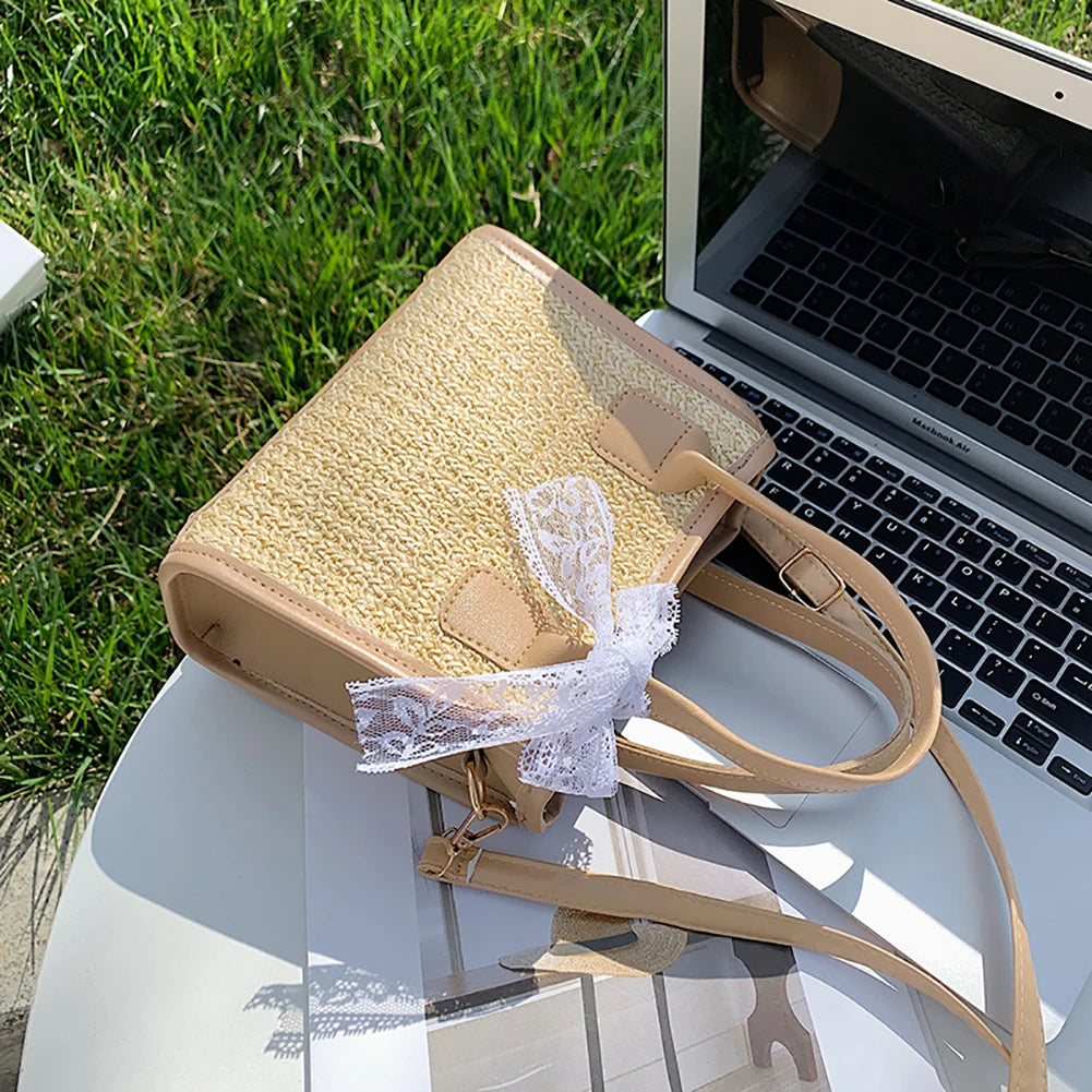 Straw Shoulder Bag Summer Beach Lace Splicing Woven Women Crossbody Handbags