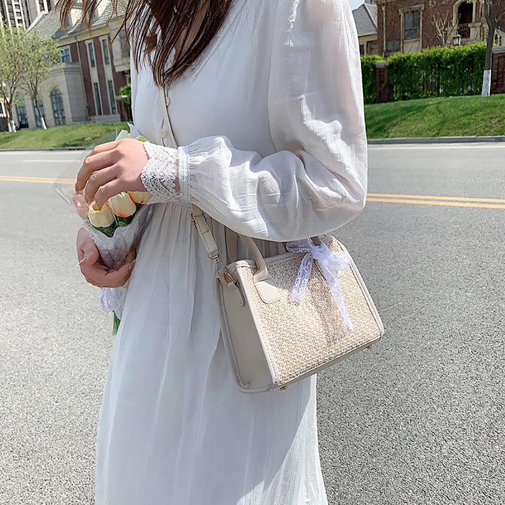 Straw Shoulder Bag Summer Beach Lace Splicing Woven Women Crossbody Handbags