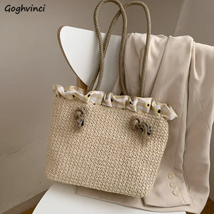 Straw Shoulder Bags Women Ruched Summer Beach Holiday Travel Large Capacity Hand