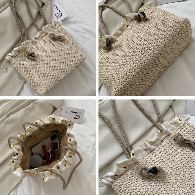 Straw Shoulder Bags Women Ruched Summer Beach Holiday Travel Large Capacity Hand