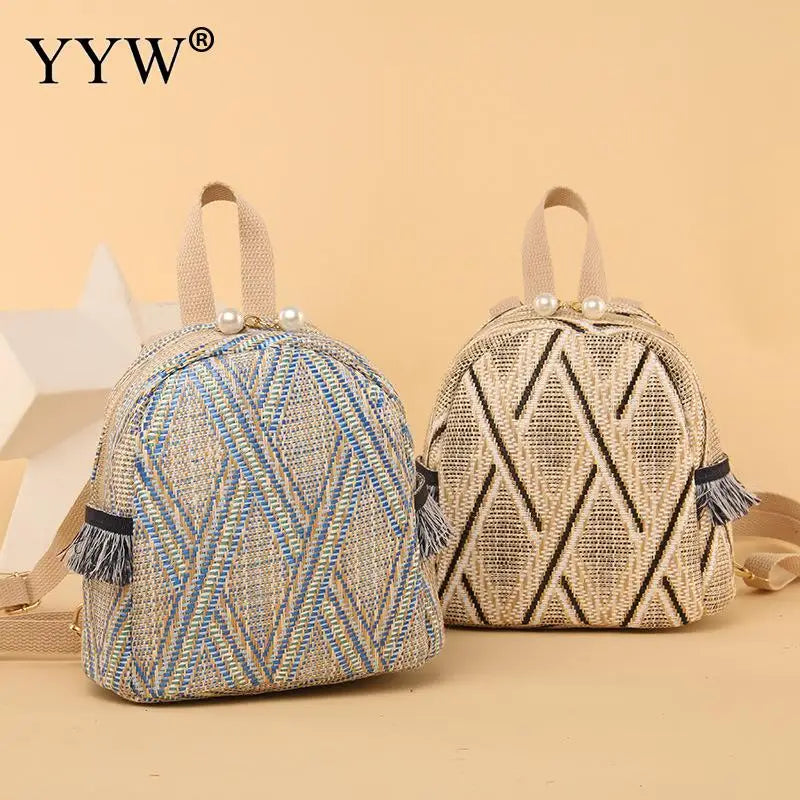 Straw Woven Small Travel Backpacks Women Shoulder School Bags