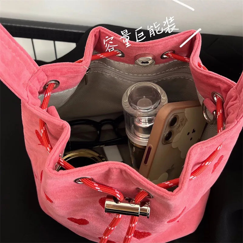 Strawberry Pattern Bucket Crossbody Bag Pink Heart Shoulder Bag Y2k Style