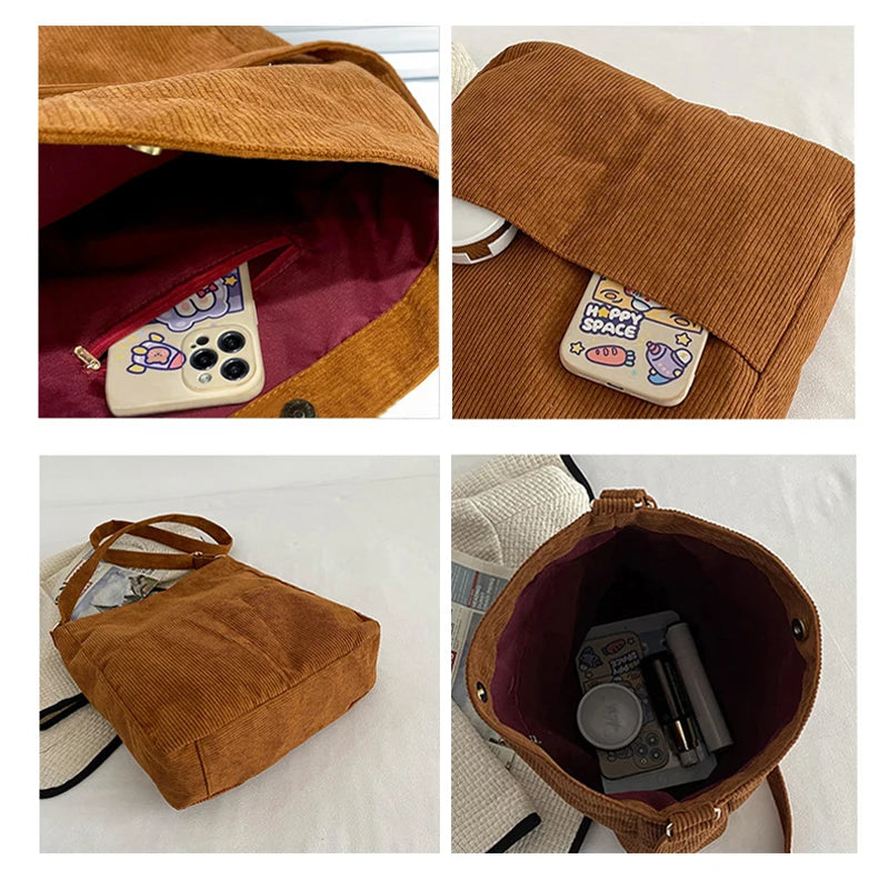 Corduroy Shoulder Bag Women Handbag Casual Tote Solid Cloth Female Crossbody Bag