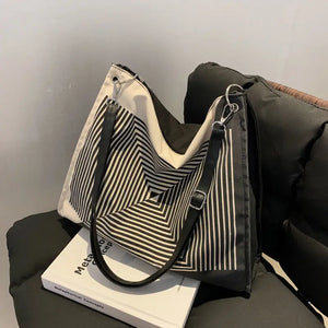 Striped Shoulder Bags Women Casual Tote Nylon Handbags Large Capacity