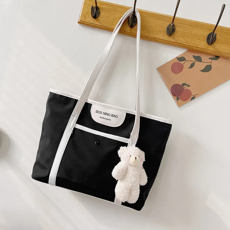 Casual Bear Print Canvas Shoulder Bag Women Larger Capacity Tote Bag