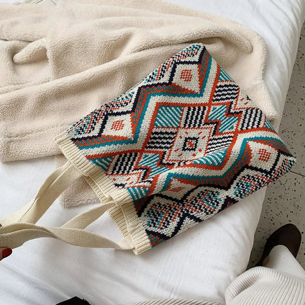 Ethnic Style Woven Shoulder Bag Lightweight Tote Handbag