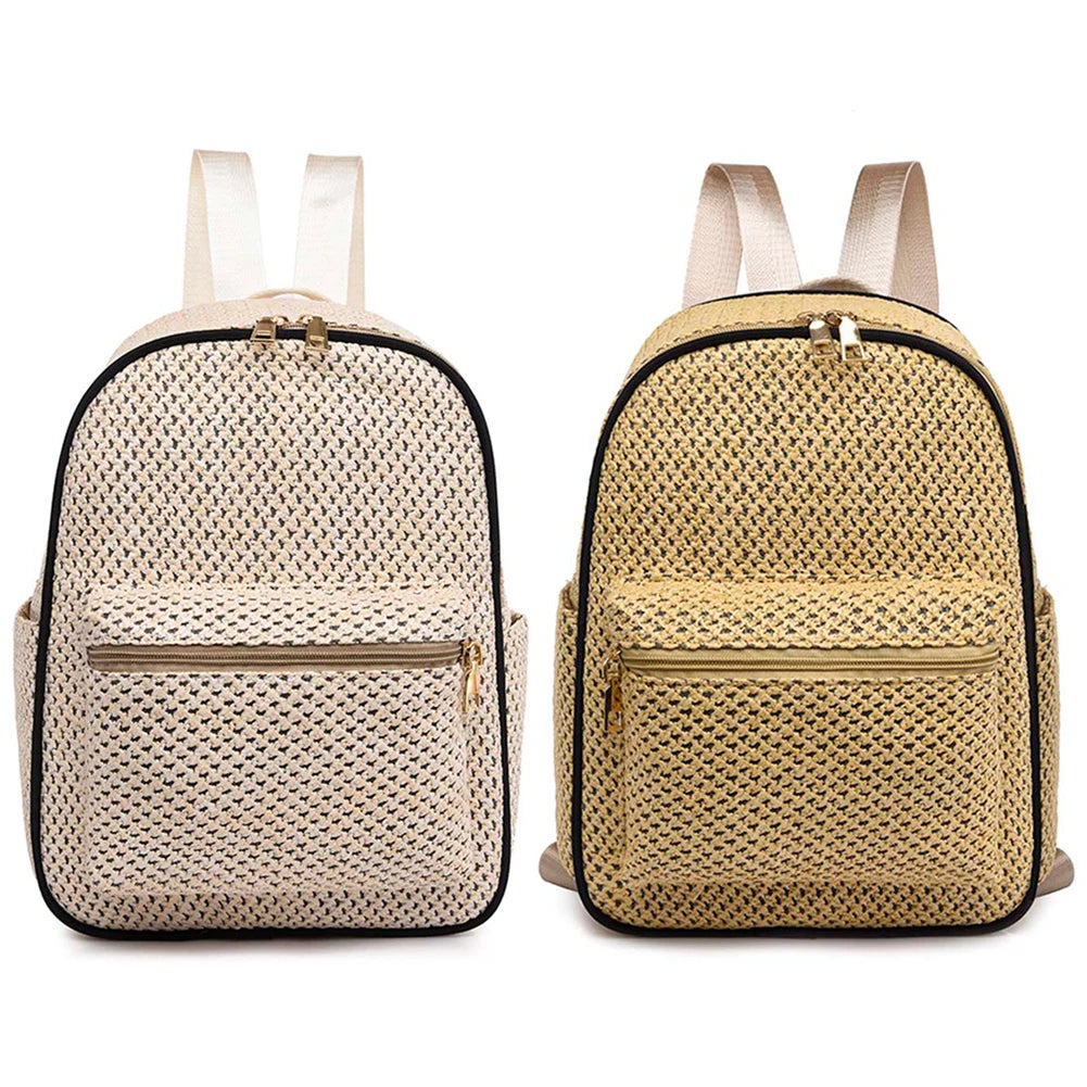 Women Straw Backpack Shoulder Bags Hand-Woven Handbags for Travel
