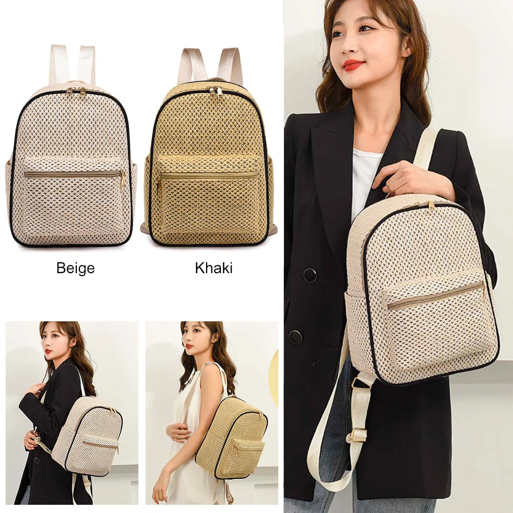 Women Straw Backpack Shoulder Bags Hand-Woven Handbags for Travel