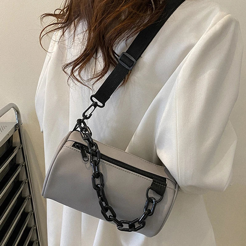 Summer Chains Cylinder Shoulder Bag PU Leather Crossbody Messenger Handbag Purse
