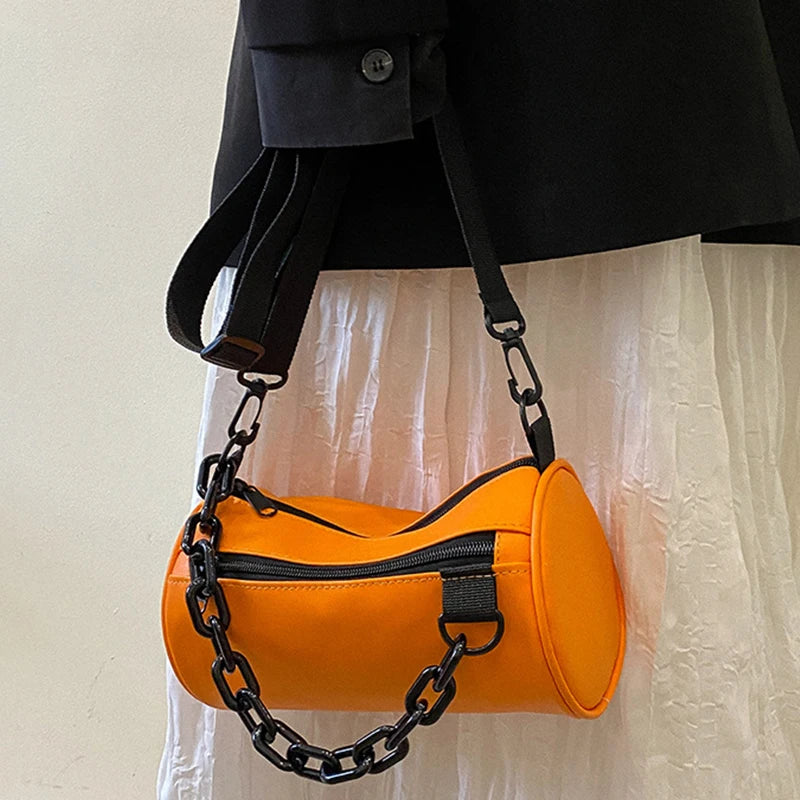 Summer Chains Cylinder Shoulder Bag PU Leather Crossbody Messenger Handbag Purse