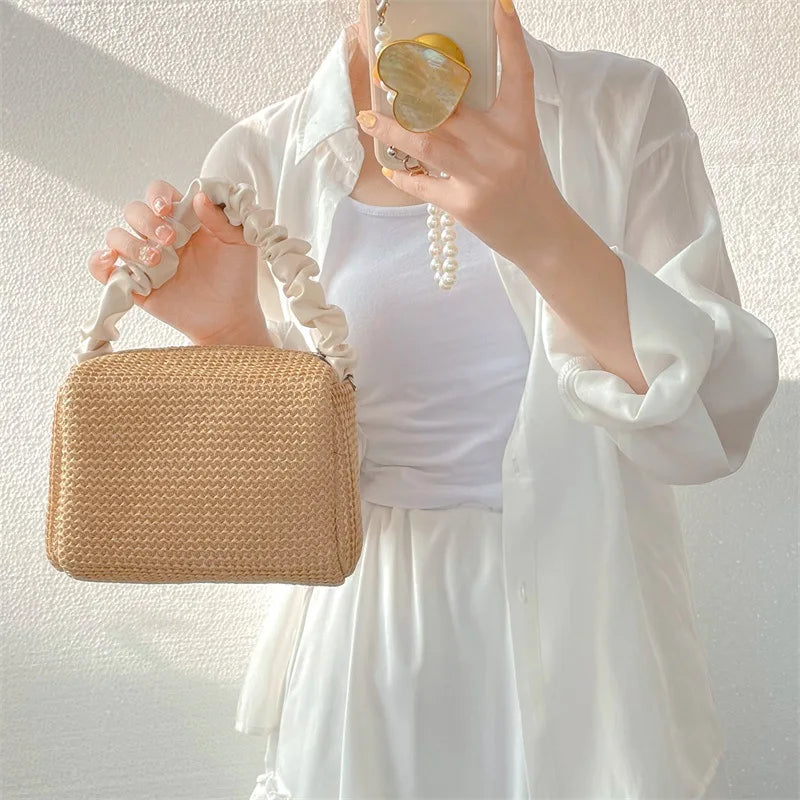 Summer Contrast Straw Bag Small Square Bag Pleated Handle Totes