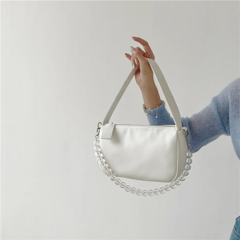 Summer Beaded Chain Shoulder Bag Women Portable Underarm Bags PU Handbags