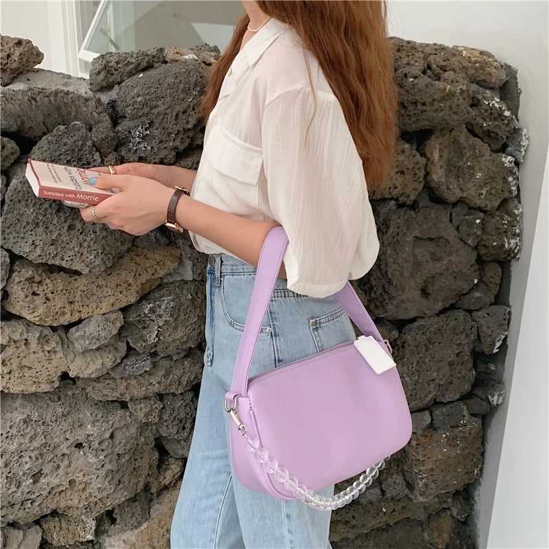 Summer Beaded Chain Shoulder Bag Women Portable Underarm Bags PU Handbags