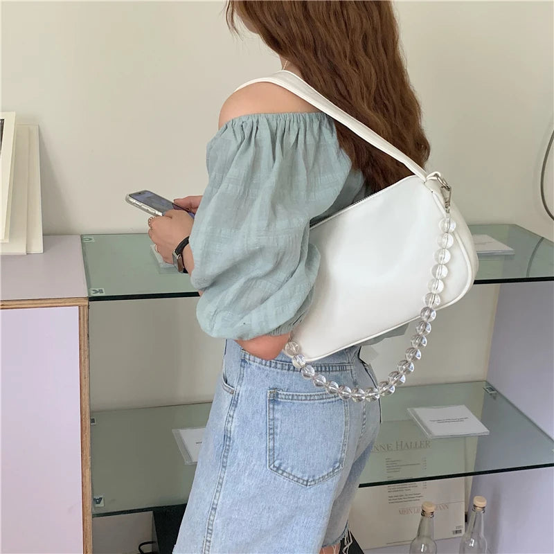 Summer Beaded Chain Shoulder Bag Women Portable Underarm Bags PU Handbags