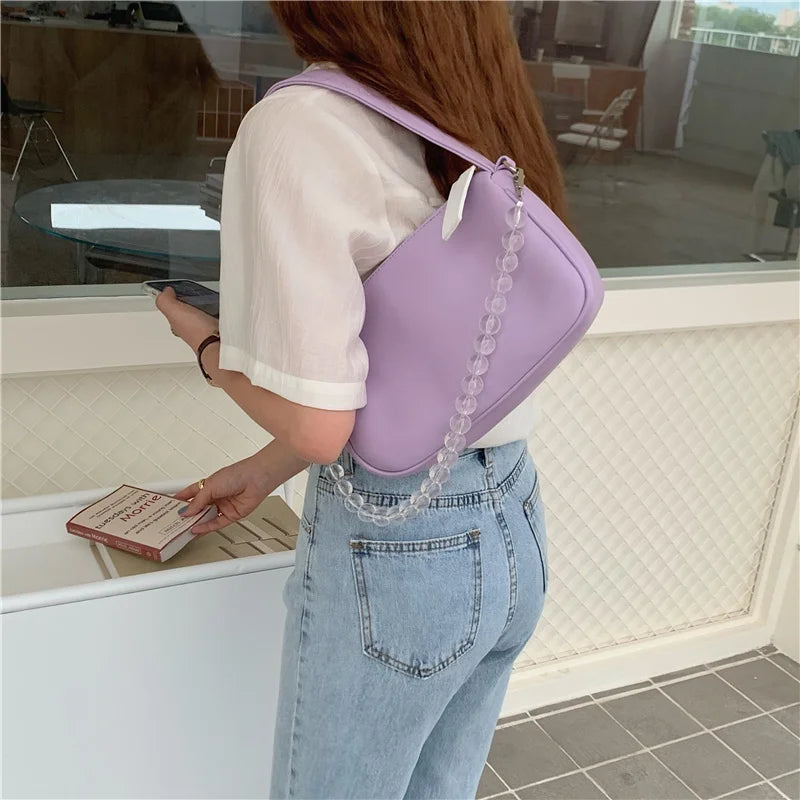 Summer Beaded Chain Shoulder Bag Women Portable Underarm Bags PU Handbags
