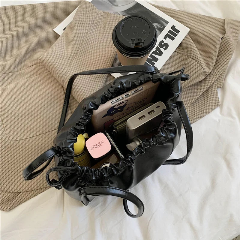 Summer Pleated Shoulder Bags Women String PU Leather Soft